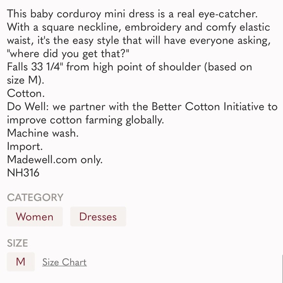 NWT Madewell Embroidered Corduroy Square-Neck Mini Dress - Green - Medium Petite - Picture 5 of 11